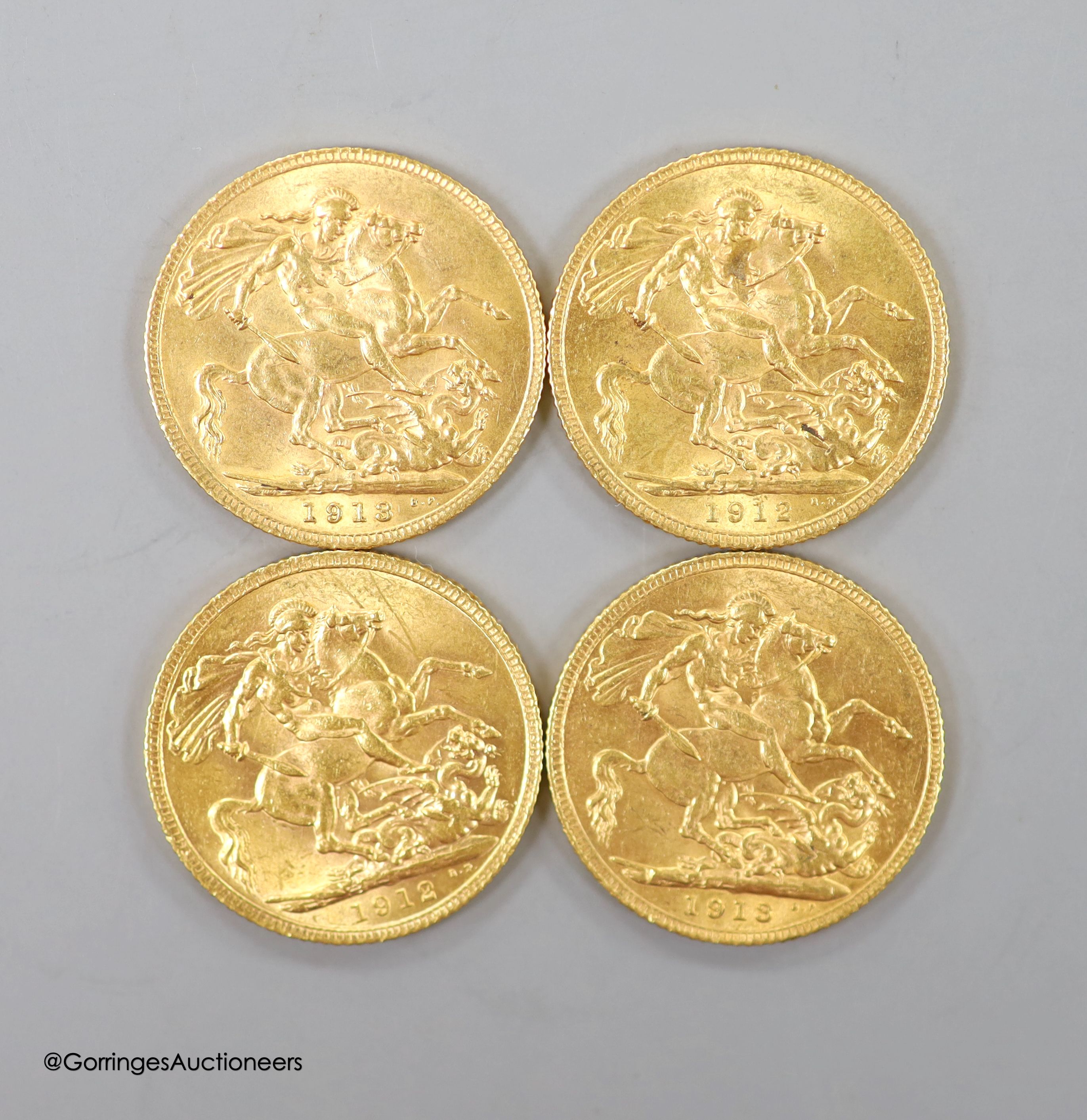 Four George V gold sovereigns, 1912 (2) and 1913 (2)